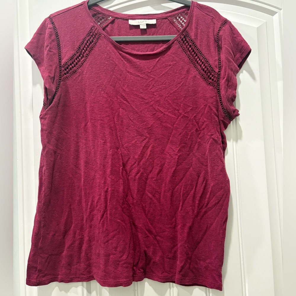 LOFT Burgundy Short Sleeve Top with Crochet Details